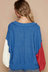 POL Exposed Seam Contrast V-Neck Lantern Sleeve Sweater OutfitFlow